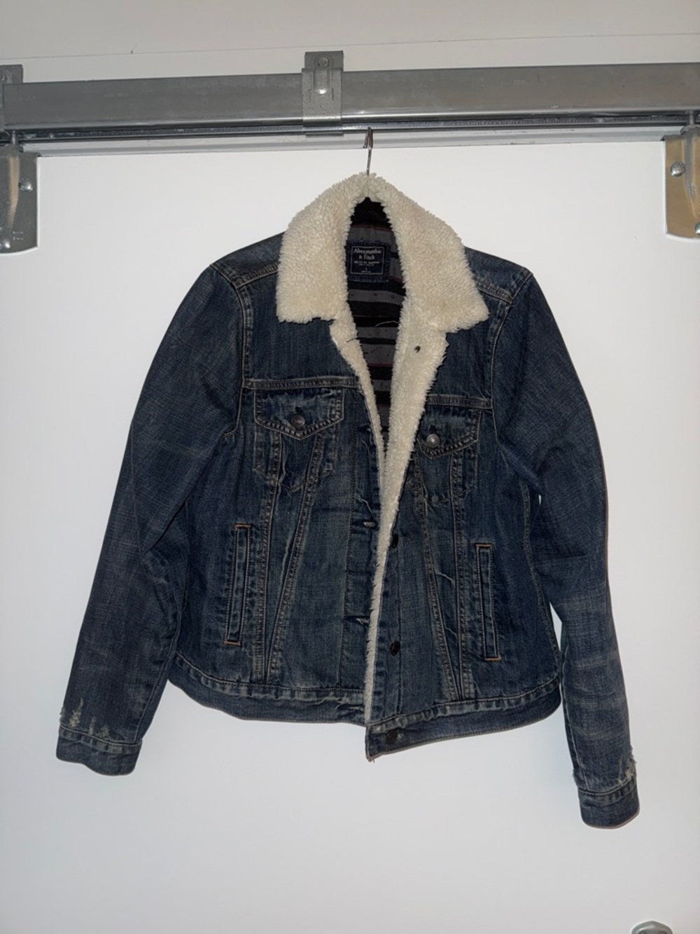 Abercrombie & Fitch Dark Blue Denim Sherpa-Lined Bomber Jacket